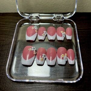 Hand made Press On Nails -Pink French Tips with Flowers